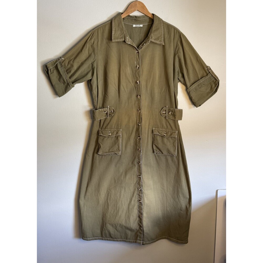 MPH Collection Shirt Dress Womens Large Army Green Twill Cotton Button Utility